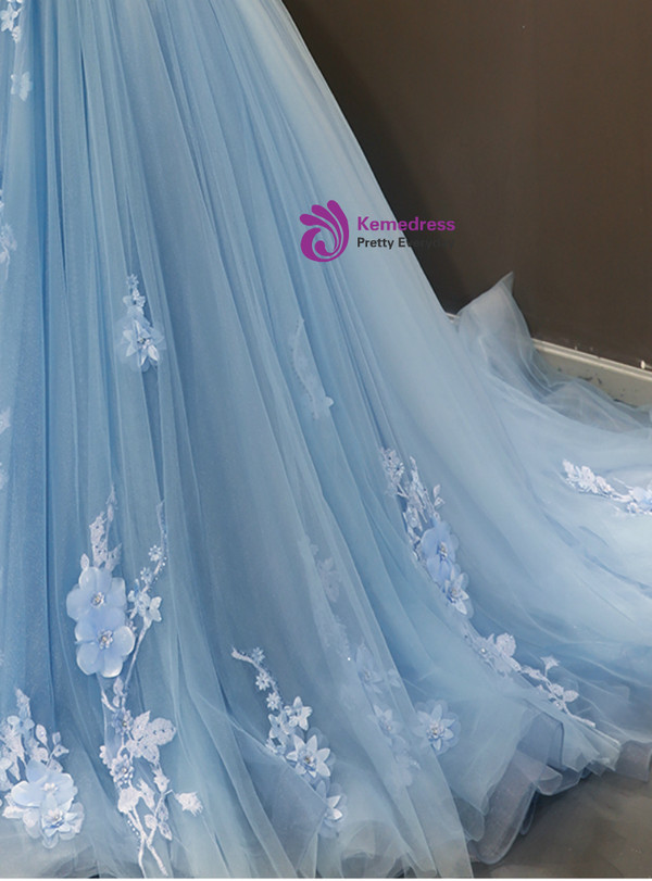 Blue Ball Gown Tulle Appliques Off The Shoulder Backless Sweet 16 Prom Dresses