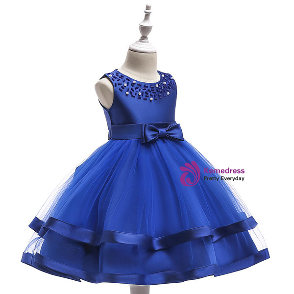 Shop 2019 Long & Short In Stock:Ship in 48 Hours Blue Tulle Flower Girl Dress With Pearls  With Factory Price From Kemedress