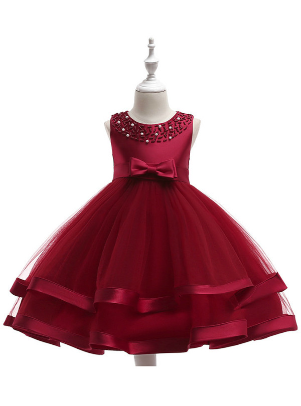 Shop 2019 Long & Short In Stock:Ship in 48 Hours Burgundy Tulle Flower Girl Dress With Pearls With Factory Price From Kemedress