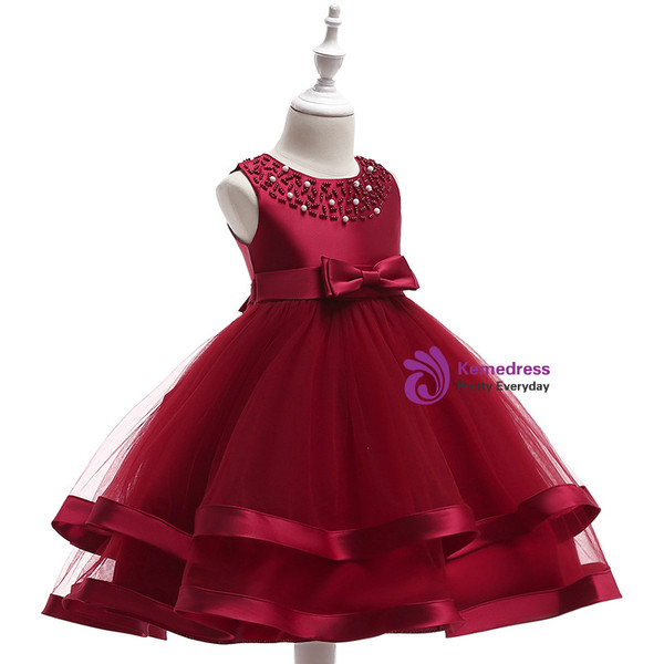 Shop 2019 Long & Short In Stock:Ship in 48 Hours Burgundy Tulle Flower Girl Dress With Pearls With Factory Price From Kemedress