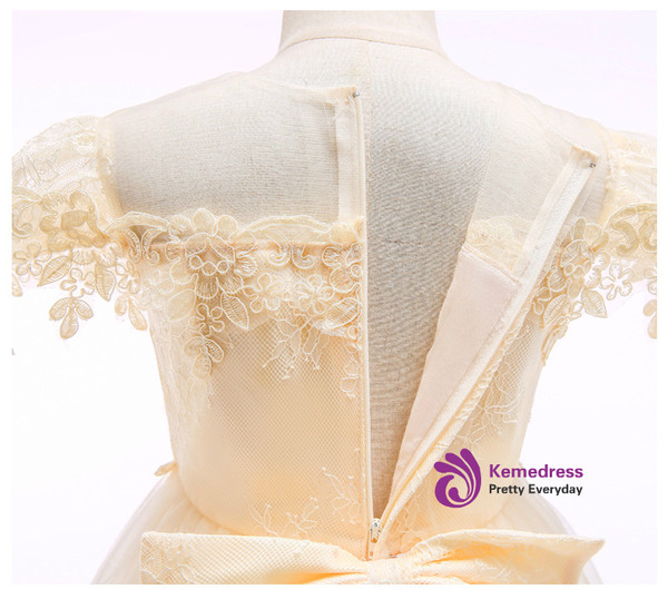 Shop 2019 Long & Short In Stock:Ship in 48 Hours Champagne Tulle Appliques Cap Sleeve Flower Girl Dress With Factory Price From Kemedress