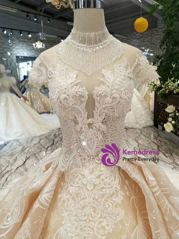 Shop 2019 Long & Short Champagne Ball Gown Lace High Neck Backless Wedding Dress With Train With Factory Price From Kemedress