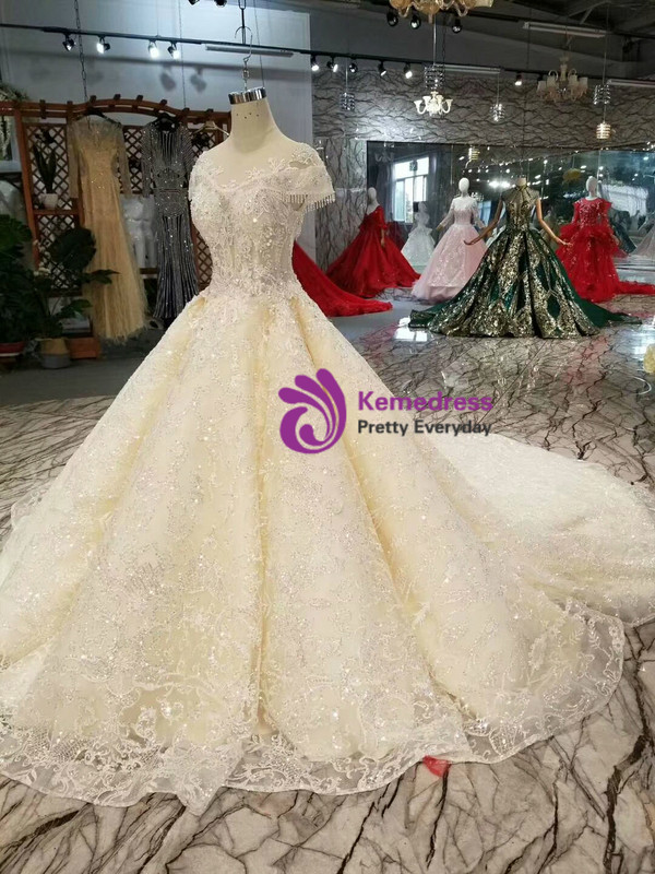 Shop 2019 Long & Short Champagne Ball Gown Tulle Sequins Cap Sleeve Backless Wedding Dress With Beading With Factory Price From Kemedress