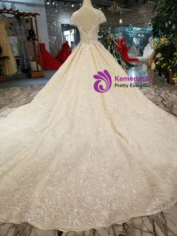 Shop 2019 Long & Short Champagne Ball Gown Tulle Sequins Cap Sleeve Backless Wedding Dress With Beading With Factory Price From Kemedress