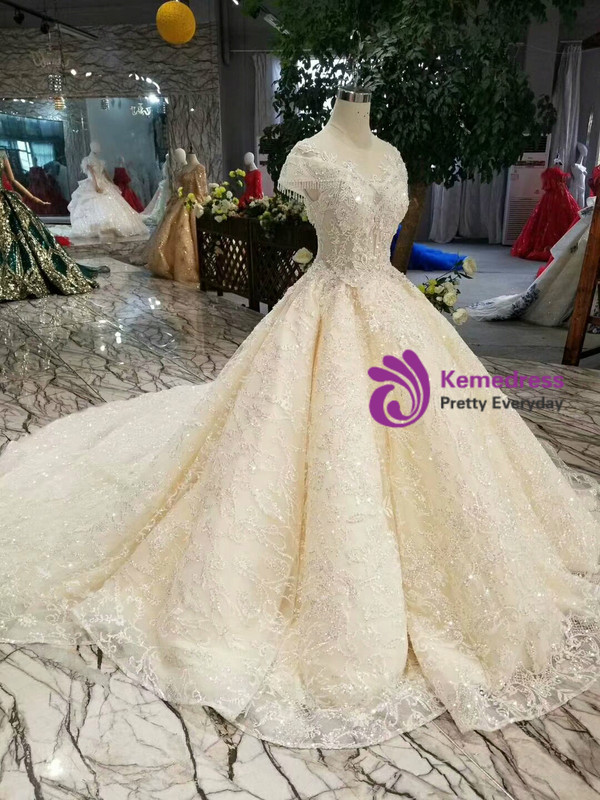 Shop 2019 Long & Short Champagne Ball Gown Tulle Sequins Cap Sleeve Backless Wedding Dress With Beading With Factory Price From Kemedress