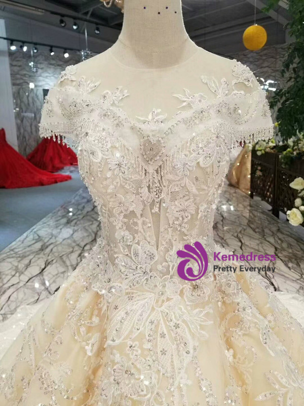 Shop 2019 Long & Short Champagne Ball Gown Tulle Sequins Cap Sleeve Backless Wedding Dress With Beading With Factory Price From Kemedress