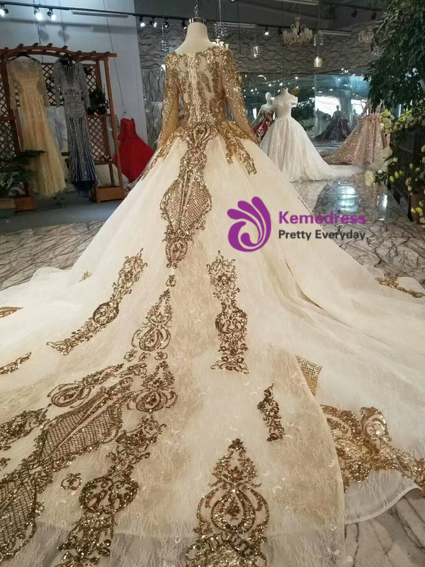 Shop 2019 Long & Short Champagne Ball Gown Tulle Sequins Long Sleeve Wedding Dress With Removable Train With Factory Price From Kemedress