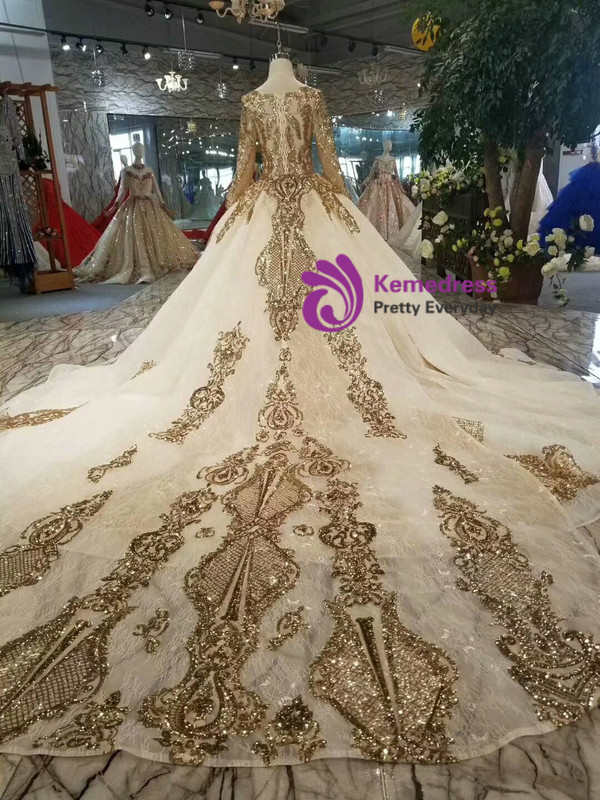 Shop 2019 Long & Short Champagne Ball Gown Tulle Sequins Long Sleeve Wedding Dress With Removable Train With Factory Price From Kemedress