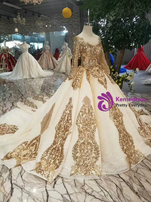 Shop 2019 Long & Short Champagne Ball Gown Tulle Sequins Long Sleeve Wedding Dress With Removable Train With Factory Price From Kemedress