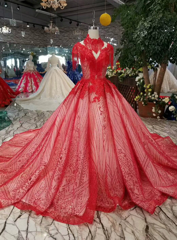 Shop 2019 Long & Short Red Ball Gown Tulle Sequins High Neck Backless Cap Sleeve Wedding Dress With Factory Price From Kemedress