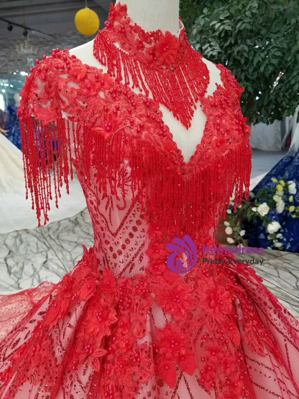 Shop 2019 Long & Short Red Ball Gown Tulle Sequins High Neck Backless Cap Sleeve Wedding Dress With Factory Price From Kemedress