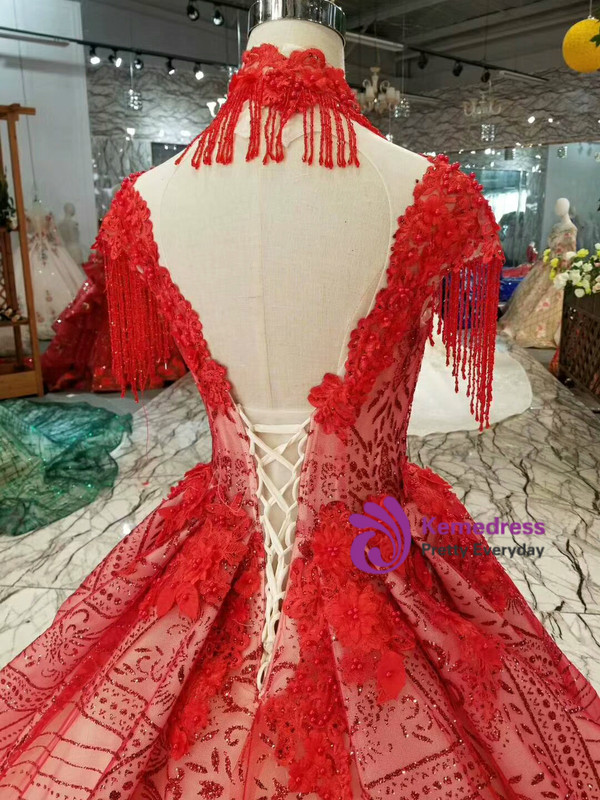 Shop 2019 Long & Short Red Ball Gown Tulle Sequins High Neck Backless Cap Sleeve Wedding Dress With Factory Price From Kemedress