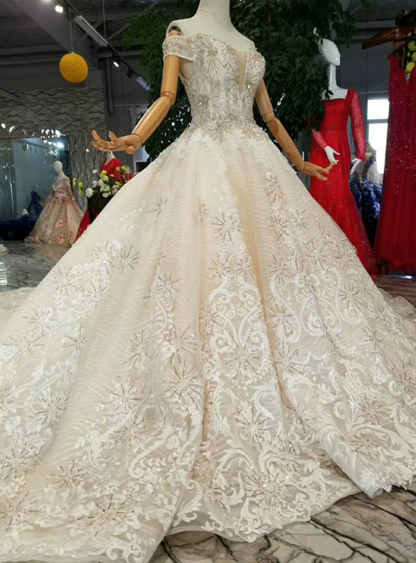 Shop 2019 Long & Short Champagne Ball Gown Lace Tulle Off The Shoulder Beading Wedding Dress With Long Train With Factory Price From Kemedress