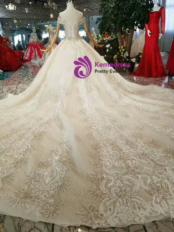 Shop 2019 Long & Short Champagne Ball Gown Lace Tulle Off The Shoulder Beading Wedding Dress With Long Train With Factory Price From Kemedress