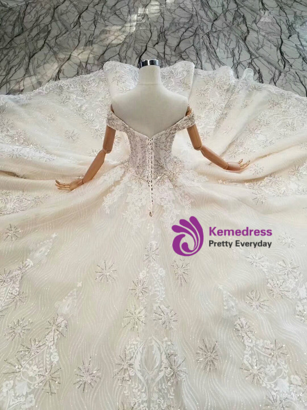 Shop 2019 Long & Short Champagne Ball Gown Lace Tulle Off The Shoulder Beading Wedding Dress With Long Train With Factory Price From Kemedress
