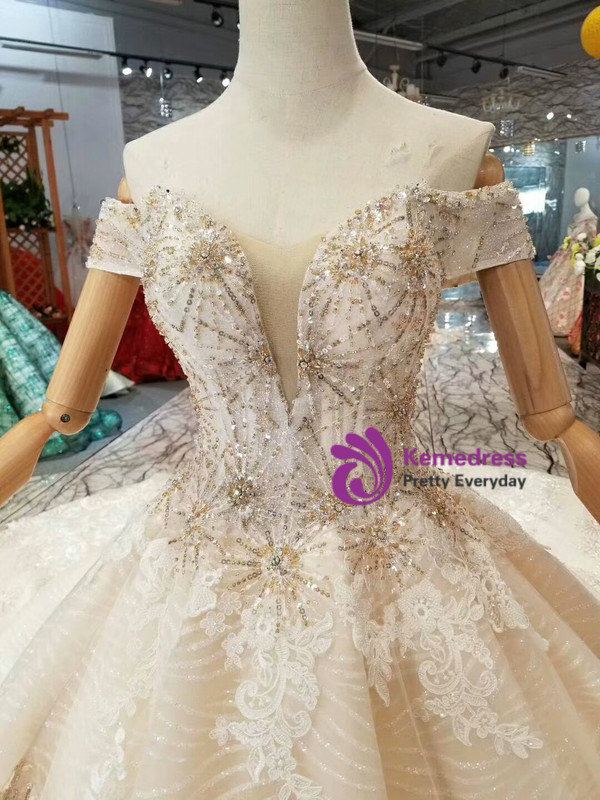 Shop 2019 Long & Short Champagne Ball Gown Lace Tulle Off The Shoulder Beading Wedding Dress With Long Train With Factory Price From Kemedress