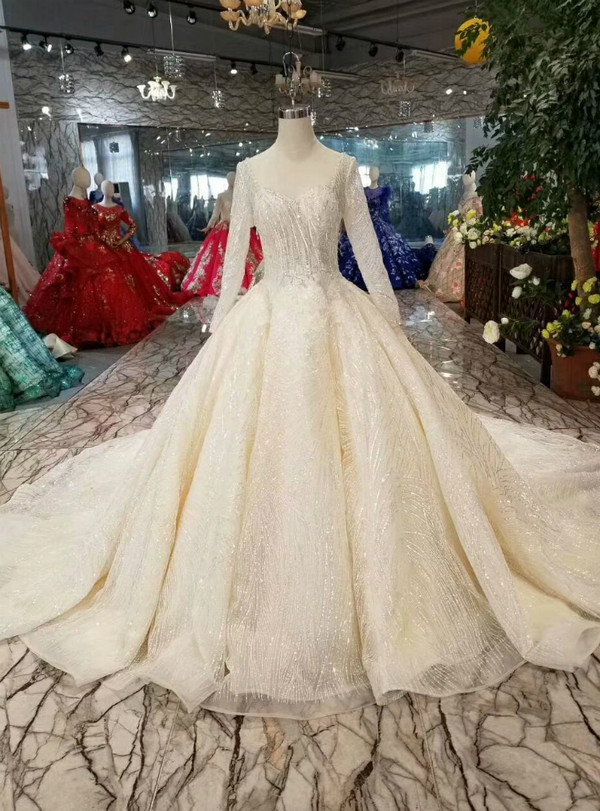 Shop 2019 Long & Short Light Chjampagne Ball Gown Tulle Sequins Square Long Sleeve Backless Wedding Dress With Train With Factory Price From Kemedress