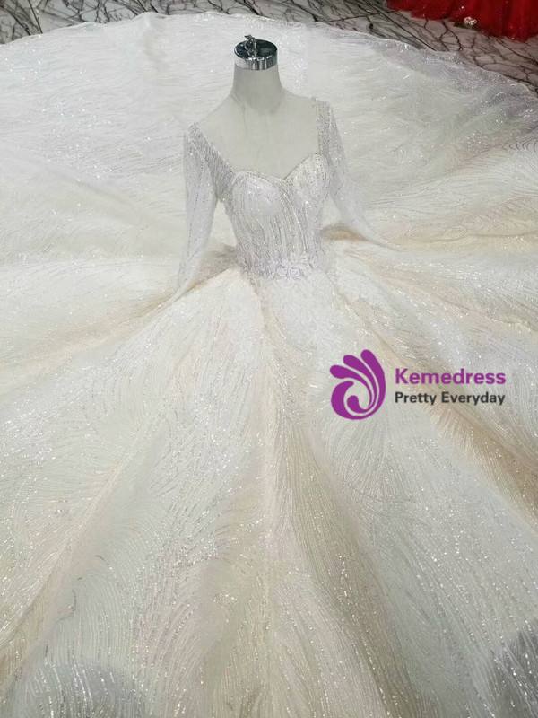 Shop 2019 Long & Short Light Chjampagne Ball Gown Tulle Sequins Square Long Sleeve Backless Wedding Dress With Train With Factory Price From Kemedress