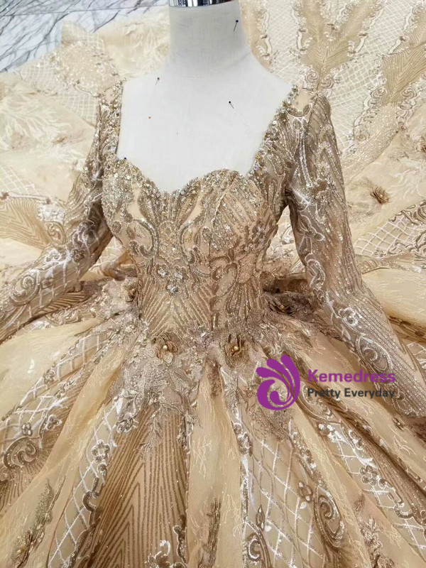 Shop 2019 Long & Short Champagne Gold Lace Square Backless Long Sleeve Beading Wedding Dress With Train With Factory Price From Kemedress