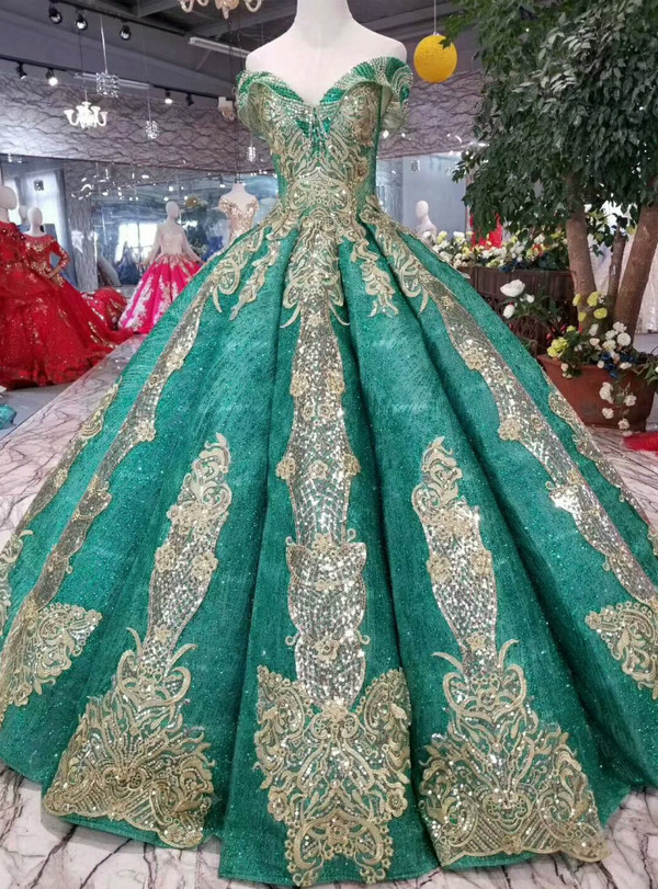 Shop 2019 Long & Short Green Ball Gown Sequins Gold Lace Appliques Off The Shoulder Wedding Dress With Factory Price From Kemedress