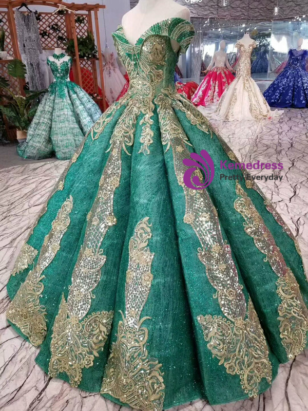 Shop 2019 Long & Short Green Ball Gown Sequins Gold Lace Appliques Off The Shoulder Wedding Dress With Factory Price From Kemedress