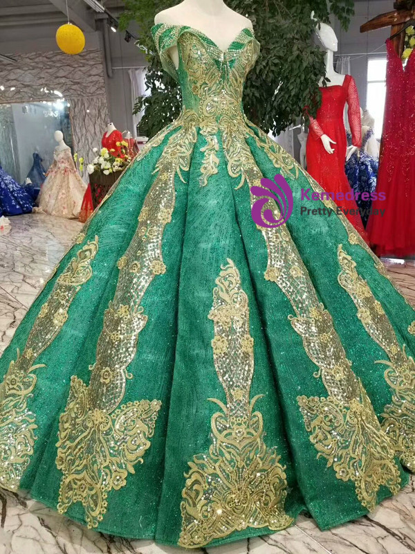 Shop 2019 Long & Short Green Ball Gown Sequins Gold Lace Appliques Off The Shoulder Wedding Dress With Factory Price From Kemedress