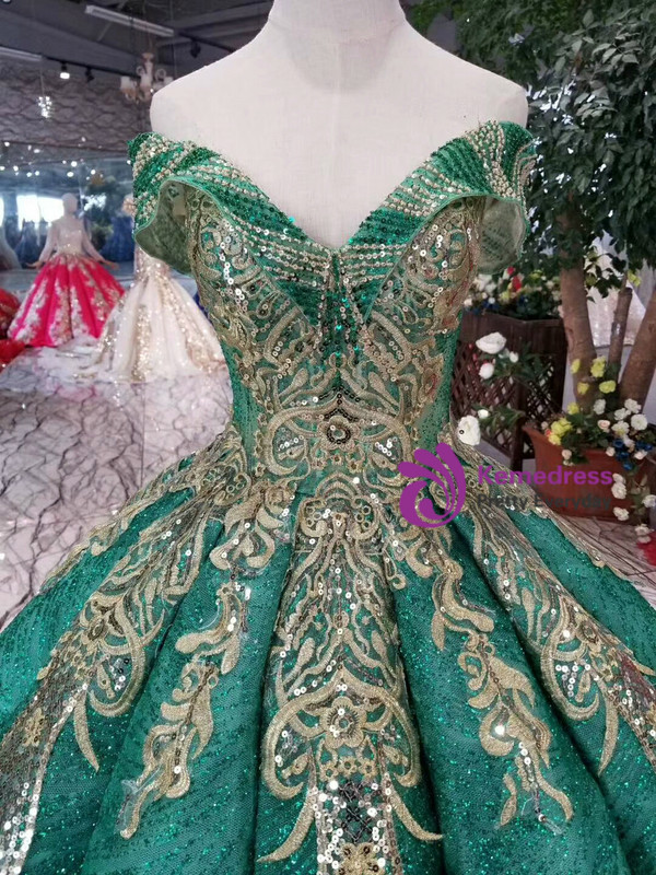 Shop 2019 Long & Short Green Ball Gown Sequins Gold Lace Appliques Off The Shoulder Wedding Dress With Factory Price From Kemedress