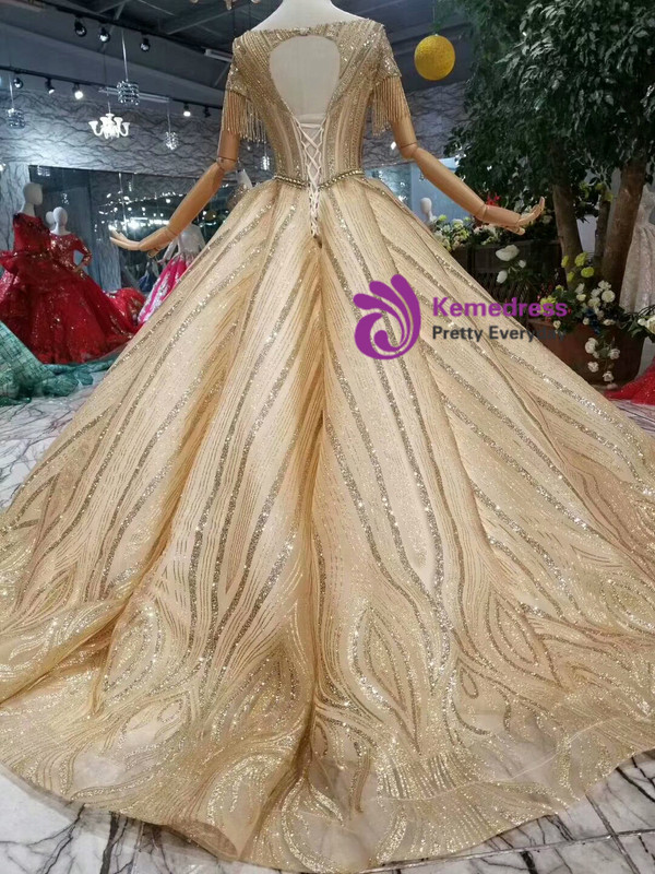Shop 2019 Long & Short Champagne Gold Ball Gown Tulle Sequins Backless Cap Sleeve Wedding Dress With Factory Price From Kemedress