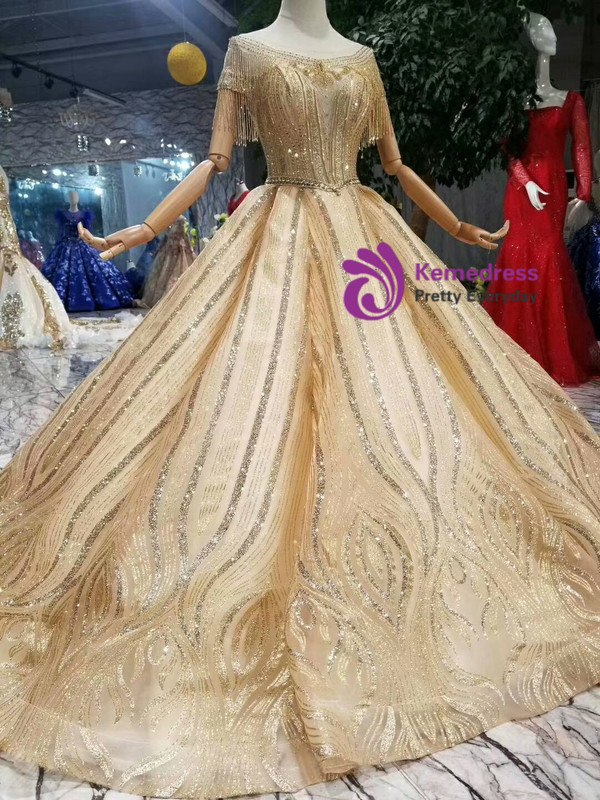 Shop 2019 Long & Short Champagne Gold Ball Gown Tulle Sequins Backless Cap Sleeve Wedding Dress With Factory Price From Kemedress