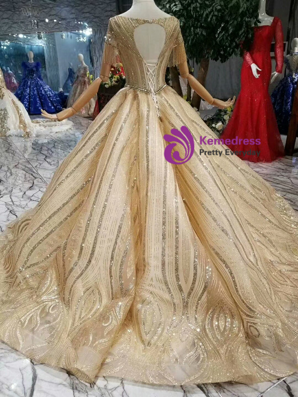 Shop 2019 Long & Short Champagne Gold Ball Gown Tulle Sequins Backless Cap Sleeve Wedding Dress With Factory Price From Kemedress