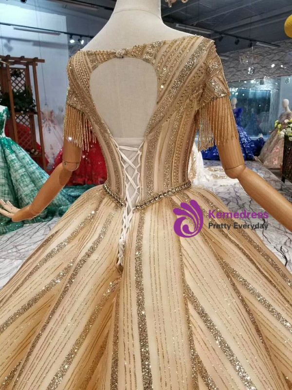 Shop 2019 Long & Short Champagne Gold Ball Gown Tulle Sequins Backless Cap Sleeve Wedding Dress With Factory Price From Kemedress