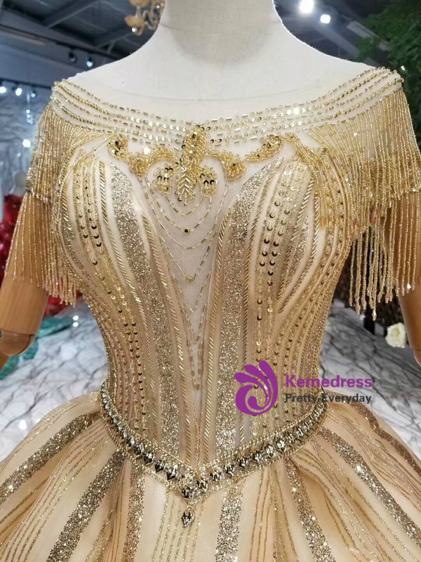 Shop 2019 Long & Short Champagne Gold Ball Gown Tulle Sequins Backless Cap Sleeve Wedding Dress With Factory Price From Kemedress