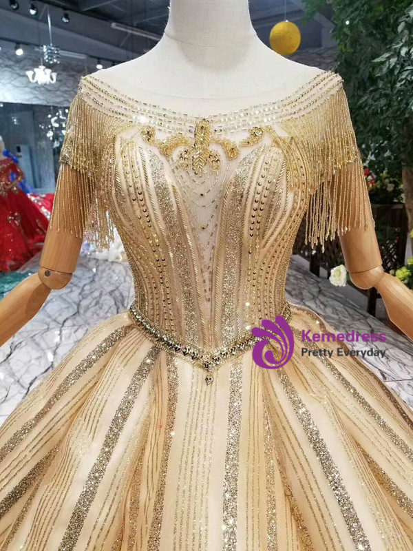 Champagne Gold Ball Gown Tulle Sequins Backless Cap Sleeve Wedding Dress