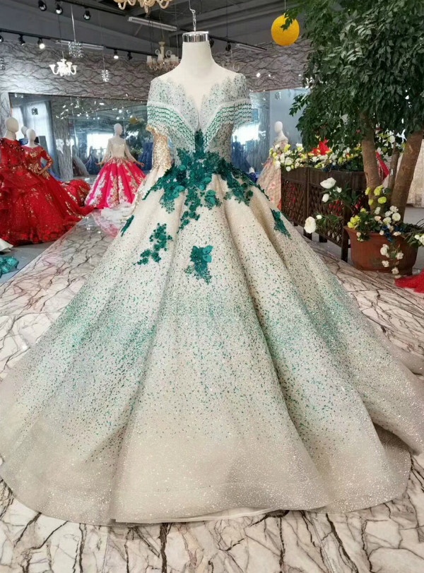 Shop 2019 Long & Short Champagne Ball Gown Tulle Green Sequins Appliques Cap Sleeve Backless Wedding Dress With Factory Price From Kemedress