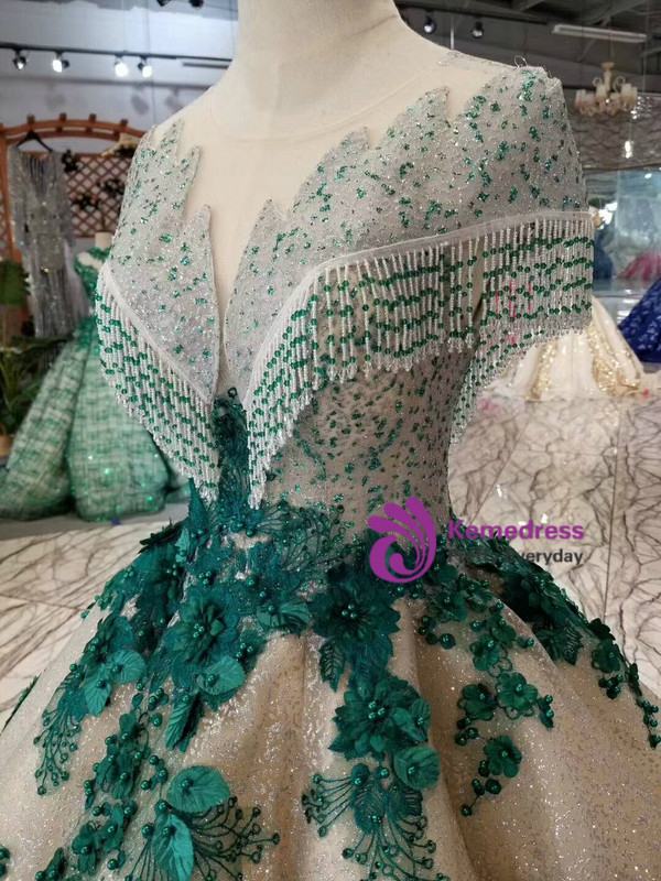 Shop 2019 Long & Short Champagne Ball Gown Tulle Green Sequins Appliques Cap Sleeve Backless Wedding Dress With Factory Price From Kemedress