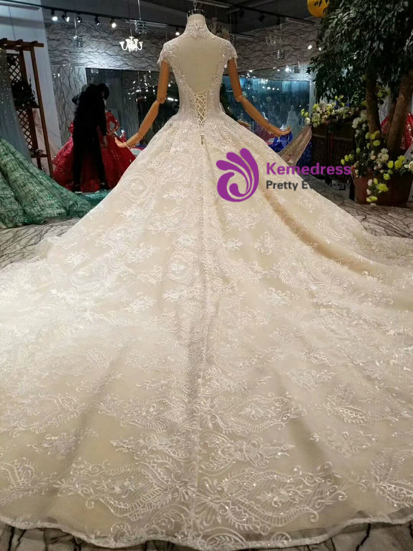 Shop 2019 Long & Short Champagne Ball Gown Tulle Lace High Neck Backless Cap Sleeve Wedding Dress With Factory Price From Kemedress