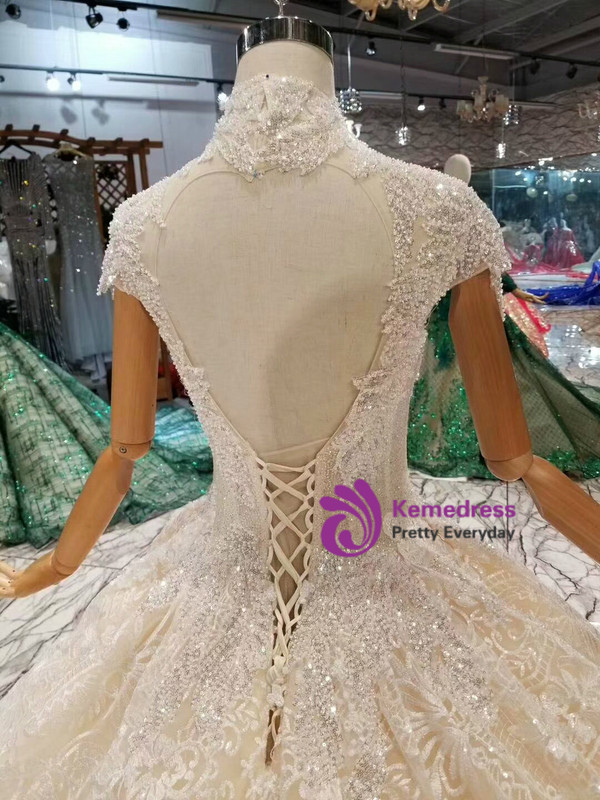Shop 2019 Long & Short Champagne Ball Gown Tulle Lace High Neck Backless Cap Sleeve Wedding Dress With Factory Price From Kemedress