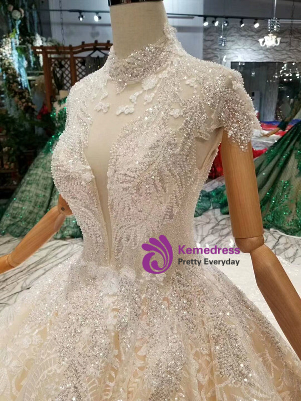 Shop 2019 Long & Short Champagne Ball Gown Tulle Lace High Neck Backless Cap Sleeve Wedding Dress With Factory Price From Kemedress