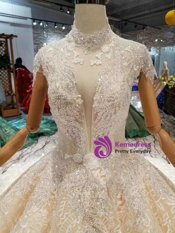 Shop 2019 Long & Short Champagne Ball Gown Tulle Lace High Neck Backless Cap Sleeve Wedding Dress With Factory Price From Kemedress