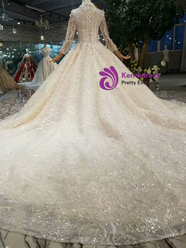 Shop 2019 Long & Short Champagne Ball Gown Lace Tulle High Neck Long Sleeve Wedding Dress With Train With Factory Price From Kemedress