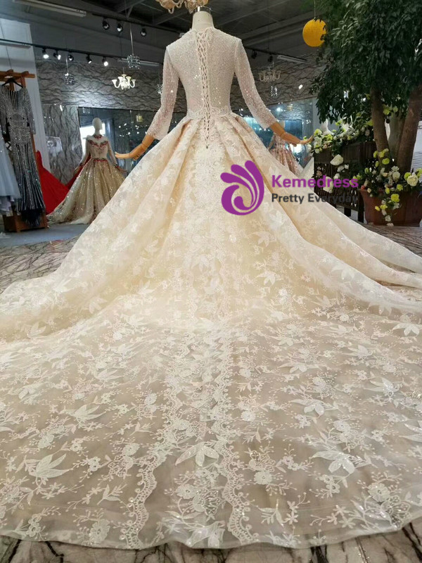 Shop 2019 Long & Short Champage Ball Gown Lace V-neck Long Sleeve Beading Wedding Dress With Train With Factory Price From Kemedress