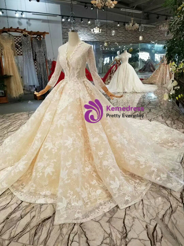 Shop 2019 Long & Short Champage Ball Gown Lace V-neck Long Sleeve Beading Wedding Dress With Train With Factory Price From Kemedress