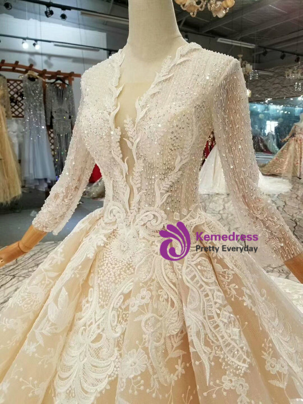 Shop 2019 Long & Short Champage Ball Gown Lace V-neck Long Sleeve Beading Wedding Dress With Train With Factory Price From Kemedress