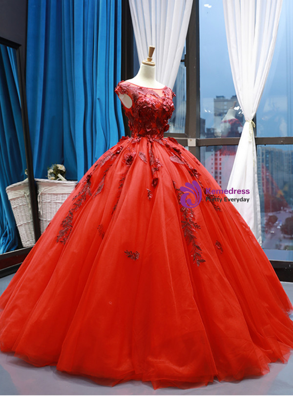 Shop 2019 Long & Short Red Ball Gown Tulle Appliques Bateau Backless Cap Sleeve Floor Length Prom Dress With Factory Price From Kemedress