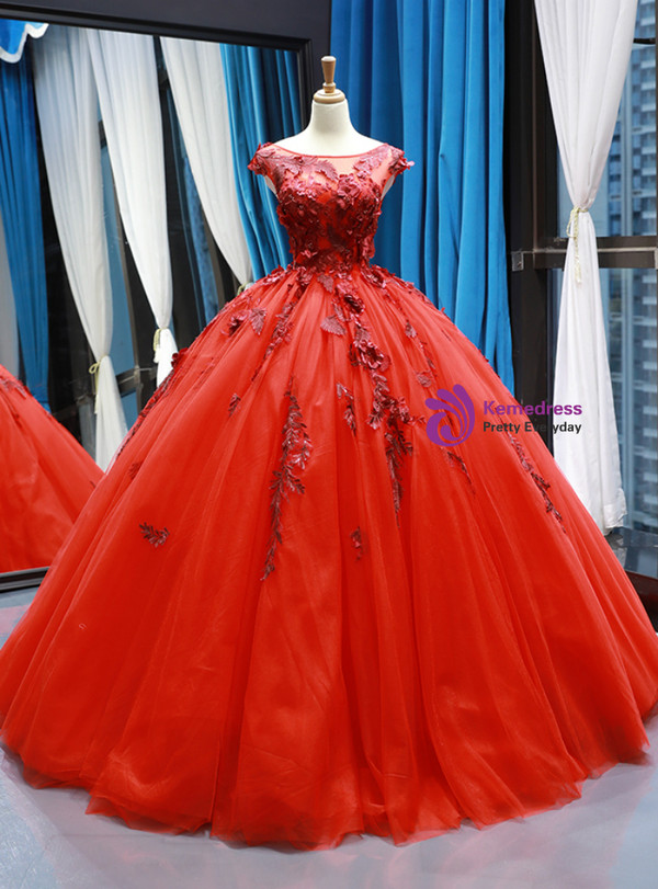 Shop 2019 Long & Short Red Ball Gown Tulle Appliques Bateau Backless Cap Sleeve Floor Length Prom Dress With Factory Price From Kemedress