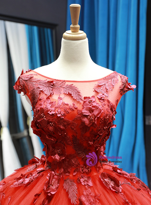 Red Ball Gown Tulle Appliques Bateau Backless Cap Sleeve Floor Length Prom Dress