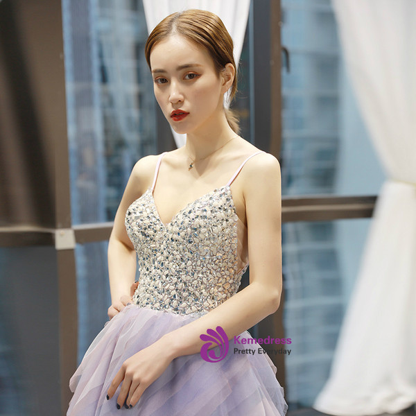 Shop 2019 Long & Short Light Purple Tulle Spaghetti Straps Tulle Backless Crystal Prom Dress With Factory Price From Kemedress