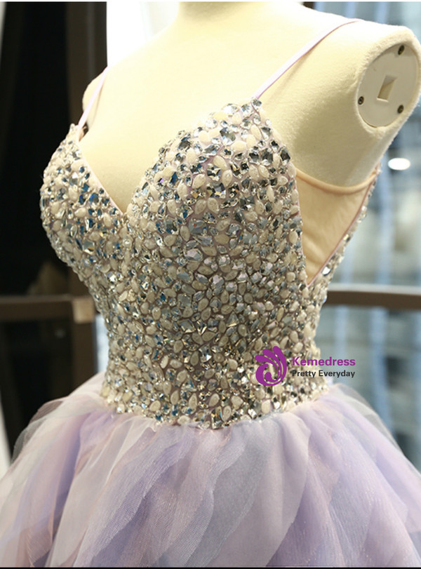 Shop 2019 Long & Short Light Purple Tulle Spaghetti Straps Tulle Backless Crystal Prom Dress With Factory Price From Kemedress