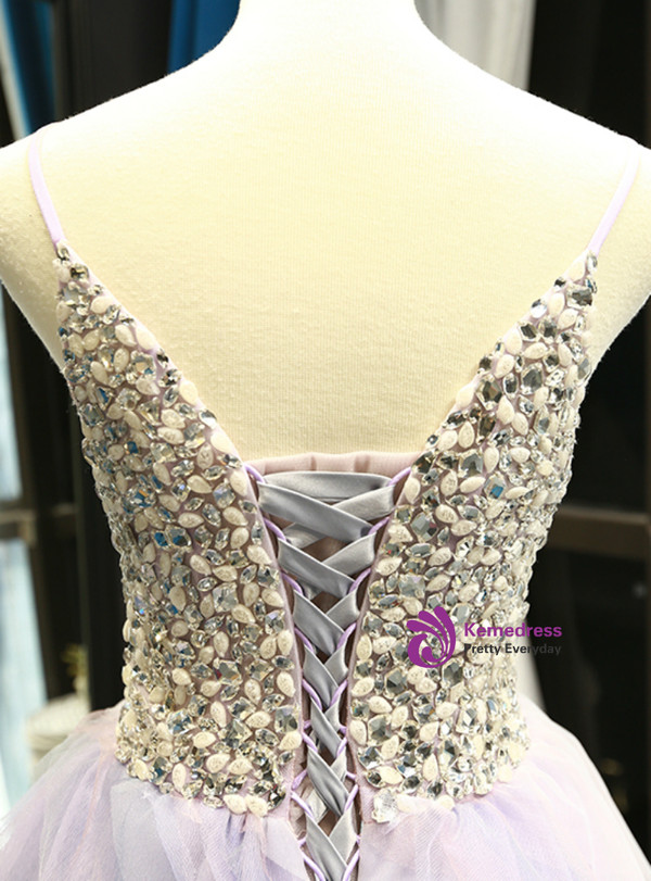 Light Purple Tulle Spaghetti Straps Tulle Backless Crystal Prom Dress