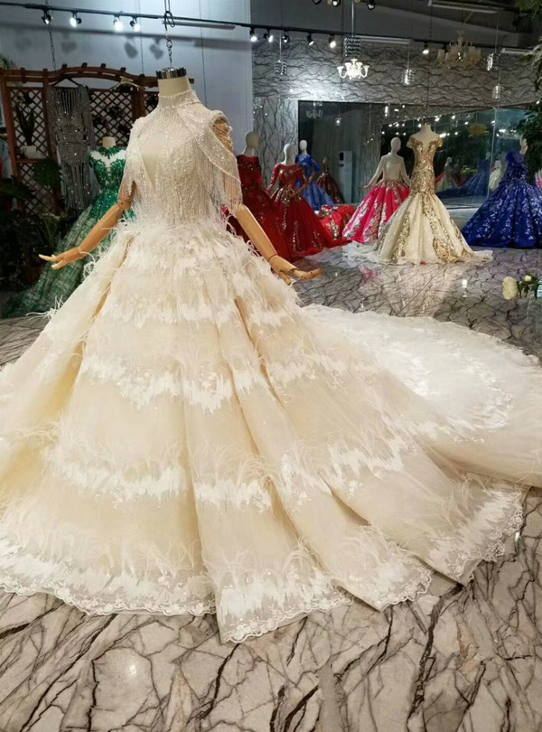 Shop 2019 Long & Short Champagne Ball Gown Tulle Deep V-neck Backless Wedding Dress With Feather With Factory Price From Kemedress